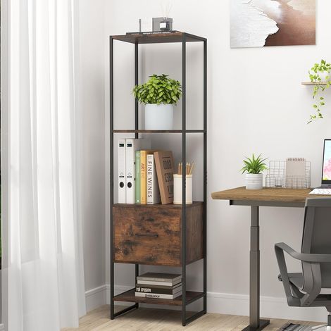 GOPLUS Étagère de Rangement avec 1 Tiroir&4 Étagère Ouvertes-45x35x160CM-Cadre en Métal avec Kit Anti-basculement,Marron (1/4)