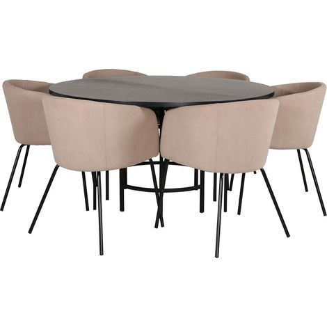 Copenhagen Essgruppe Esstisch braun und 6 Berit Esszimmerstühle beige.