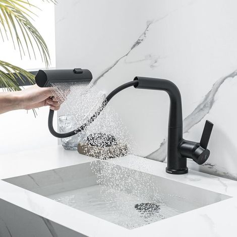 Rubinetto per bagno con doccetta estraibile, rubinetto per lavabo da appoggio con 3 getti e doccetta estraibile, miscelatore per bagno regolabile in altezza, nero opaco (1/4)