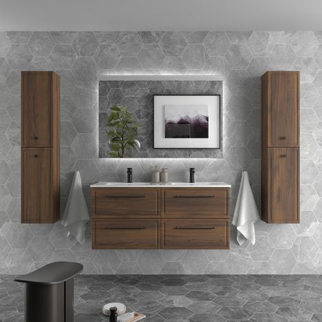 Mueble de Baño RUNA 120cm Nogal 4 cajones Lavabo 2 pozas Porcelana (1/5)