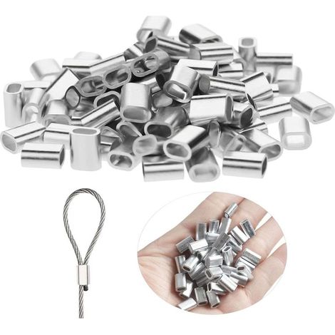 Lot de 120 serre cable acier en Aluminium de 3 mm, Manchons de Serrage en Métal pour Cordes, Connecteurs de Câble, Câble en Acier et Autres Applications, Durable et Fiable (Argenté) (1/5)