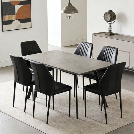 Ensemble de table à manger 120 cm en MDF avec chaises (6 chaises, cuir PU, noir)
