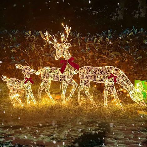 Cerf De Noël Éclairé - Ensemble De 3 Statues En Fer Avec LED - Décoration Extérieure Pour Jardin, Terrasse Et Pelouse - 3 Tailles (1/5)