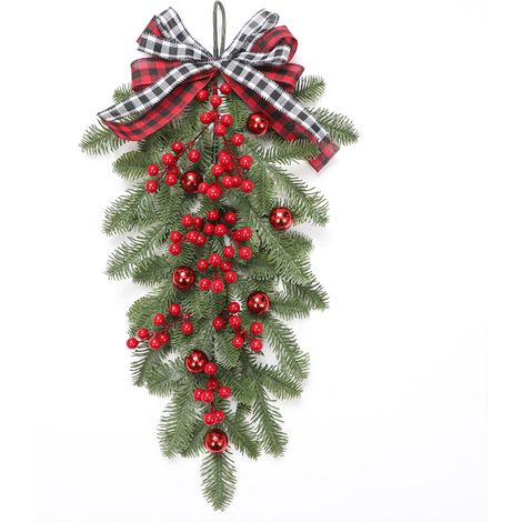 Guirlande En Forme De Larme - 60 cm - Baies Rouges Et Nœud Rouge - Décor Porte De Noël - 1 Pièce (1/5)