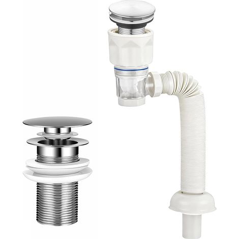 Kit de Vidange pour Lavabo avec Bouchon Pop-Up - Bonde de Lavabo en Acier Inoxydable, Tuyau Flexible Extensible 300-1000 mm,pour Anti-Odeurs/Anti-Fuite/Anti-Insectes.(Blanc) (1/5)