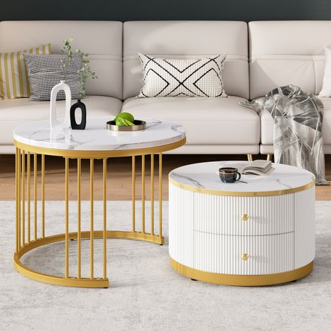 Set de 2 tables basses rondes blanches gigognes, 60x60x45,5cm et 50x50x32cm, finition marbre brillant, avec tiroirs, charge max 30kg, meuble d'appoint élégant. (1/5)