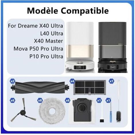 Lot de 29 Accessoires pour Robot aspirateur Dreame X40 Ultra/L40 Ultra/X40 Master/Mova P50 Pro Ultra/P10 Pro Ultra, 2 brosses à Rouleau, 6 brosses latérales, 6 Sacs à poussière, 8 lingettes (1/5)
