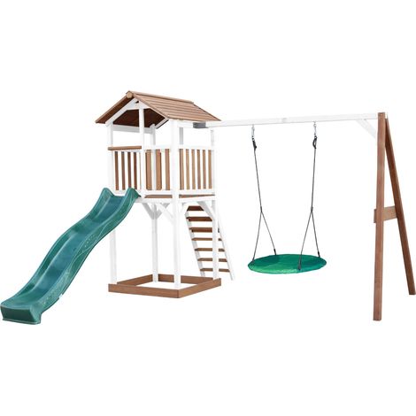 Axi Beach Tower Aire De Jeux Avec Toboggan En Vert, Balançoire Nid D'Oiseau Vert & Bac À Sable  Grande Maison Enfant Extérieur En Marron & Blanc  Cabane De Jeu En Bois Fsc