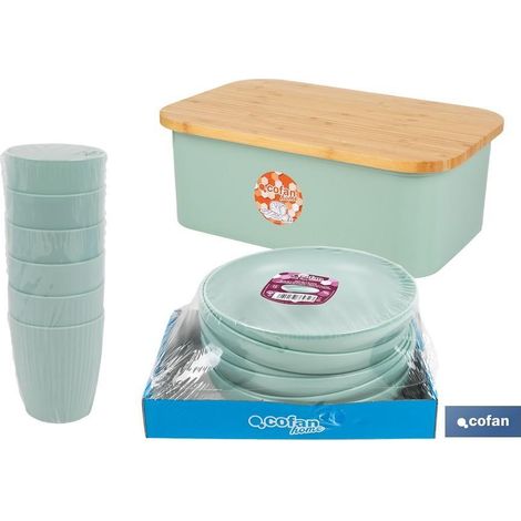PACK DE PANERA CON TAPA BAMBU ,6  VASOS DE AGUA VERDE Y 6 PLATOS VERDE (1/5)