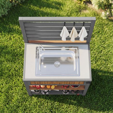 Armoire de jardin avec réservoir d'eau, robinet et ouvre-bouteille intégré – armoire à outils résistante aux intempéries avec grand plan de travail et tiroir, espace barbecue avec étagères réglables, (1/5)