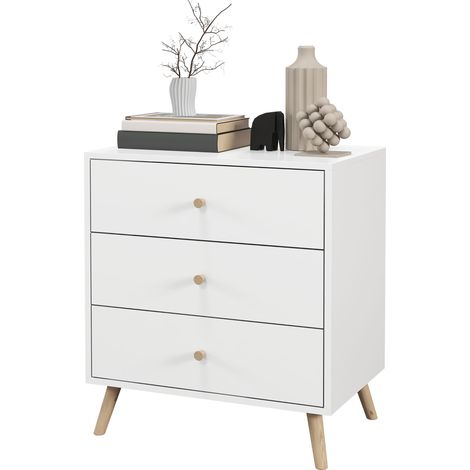 Commode 3 tiroirs design scandinave MDF blanc piètement bois massif pin effilé