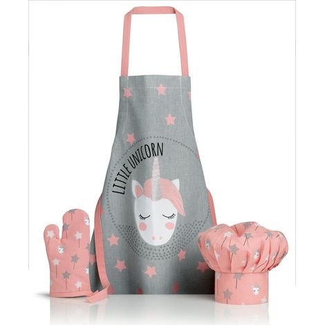 Tablier de Cuisine Enfant avec Toque et Gant Licorne 100% Coton 52 x 63 cm - PANGIVO
