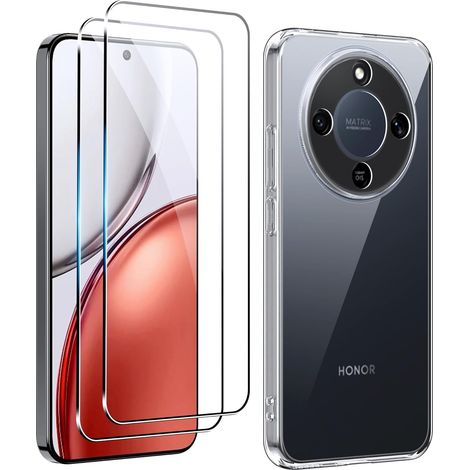Coque pour Honor Magic 8 Lite + 2 Pièces Verre Trempé Protection écran,Housse Etui en Silicone TPU Souple(Transparent)