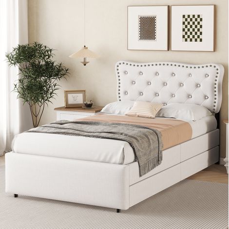 MEUBLIV Letto 90x200 cm beige chiaro – testiera imbottita, doppio cassetto, senza materasso (1/5)