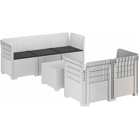 Canapé de Jardin Modulaire 5 Places avec Table et Coussins Aspect Rotin PP Blanc, 62.78kg - PANGIVO (1/5)