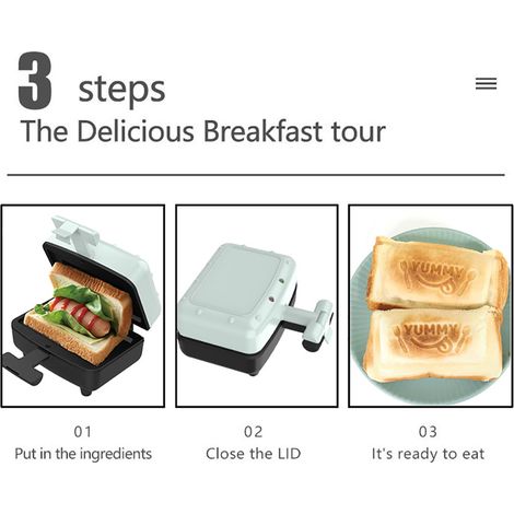 Machine à sandwich pour petit-déjeuner électrique compacte avec plaques antiadhésives/voyant lumineux, poignée antidérapante, chauffage double face pour la cuisine à domicile (1/5)