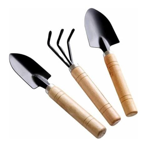 Ensemble de 3 mini-outils de jardin, râteau et bêche, manche en bois, pour plantes en pot, intérieur et extérieur. (1/5)