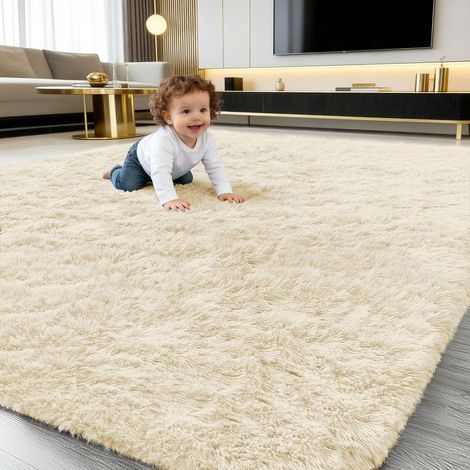 Tapis doux à poils longs moelleux lavable avec dessous antidérapant moderne et douillet pour couloir, salon, chambre d'enfant, chambre à coucher, beige, 120 x 160 cm (1/5)