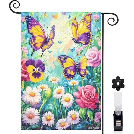 Drapeau de jardin papillons jaunes et pensées 30 x 45 cm décoration saisonnière jardin (1/3)