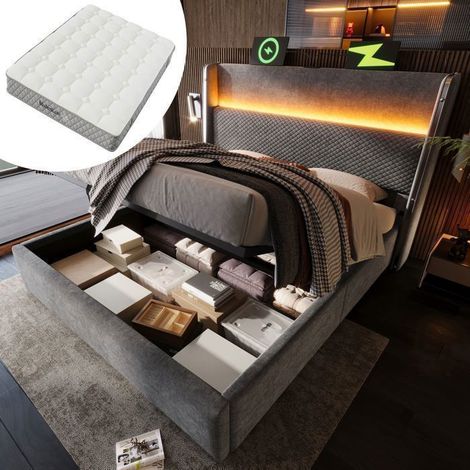 Lit Coffre 160x200 cm - Tête de Lit Haute avec LED et USB - Lit Rembourré - Avec Matelas Inclus, Tissu Lin Gris, Grand Rangement (1/5)
