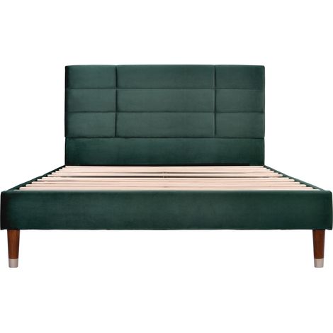 Lit double capitonné 140x200 cm avec sommier à lattes et tête de lit, velours vert émeraude, cadre rembourré, matelas à ressorts inclus, idéal ado et adulte (1/5)
