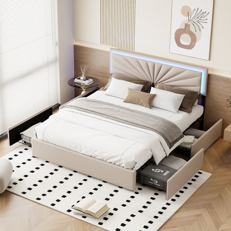 Lit adulte led 140x200, Lit double avec 4 tiroiar et éclairage LED, Lit capitonné avec tête de lit réglable en hauteur,style scandinave, Lin - Beige (1/5)