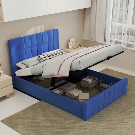 Letto 140x200 cm in velluto blu con testiera imbottita e design moderno (1/5)