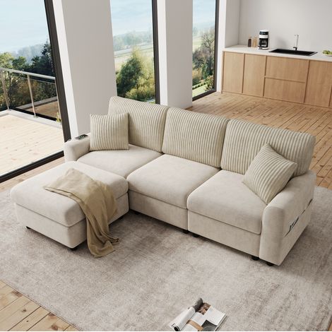 Divano 223x146x84 cm beige in chenille e corduroy con 2 cuscini, porta USB, Type-C e pouf (1/5)