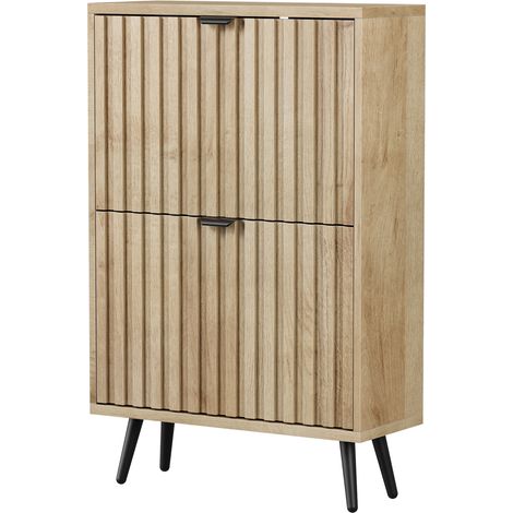 Zapatero estrecho de 60 cm en MDF color roble, con 2 puertas abatibles y patas metálicas (1/5)