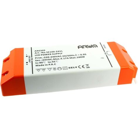 Arum Lighting – Transformateur LED 100W 24V DC – Tension constante – Protection classe II – Compatible applications LED – IP20 pour intérieur