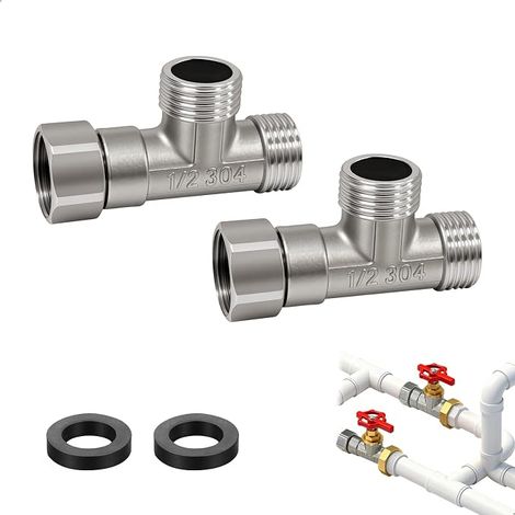 3 Way 1/2 Inch Stainless Steel T Connector 2pcs 1/2" Male T Connector Sprayer with Deep Thread and Sealing Gaskets for Angle Valve, Washing Machine, Toilet (1/5)