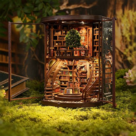 Coin lecture Arbre de la Sagesse – Maison miniature à fabriquer soi-même, puzzle 3D en bois, serre-livres, maquette à monter soi-même, décoration d'étagère – 1 ensemble (1/5)