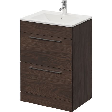 Napoli 460 Brown Oak 600mm 2 Drawer Vanity Unit with Angel Basin - 600mm - Chrome 320mm Handle