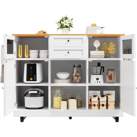 Îlot de cuisine blanc sur roulettes, plateau rabattable effet bois, rangements réglables et porte-serviettes, 140 x 40 x 93,5 cm (1/5)