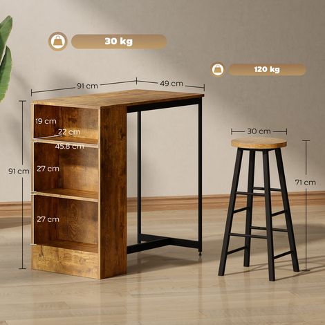 Ensemble bar de style industriel à 3 niveaux (avec 2 tabourets hauts et repose-pieds), marron (1/5)