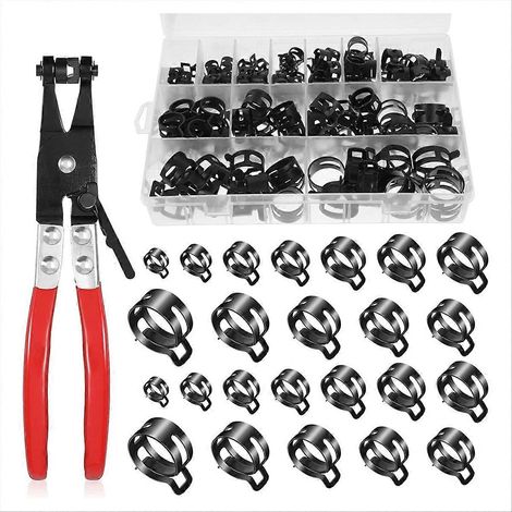 Assortiment de colliers de serrage à ressort de 7 à 22 mm avec pinces à colliers de serrage à bande plate pivotante, petits colliers de serrage et tuyaux. (1/5)