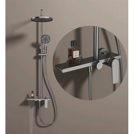 Juego de grifería para ducha de baño, ducha de lluvia, mezclador termostático con teleducha, gris (1/5)