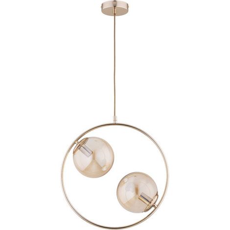 Alfa ADINO Modern Ring Pendant Light 62440, Brass/Gold Metal Ceiling Lamp with 2 Globe Shades, 2xE14 Max 10W, Dimmable, 85cm for Living Room Dining Office