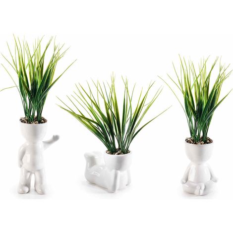 Petits pots en céramique bonhomme stylisé détendu avec herbe artificielle en guise de cheveux, lot de 3, 9 x 6 x H. 32 cm