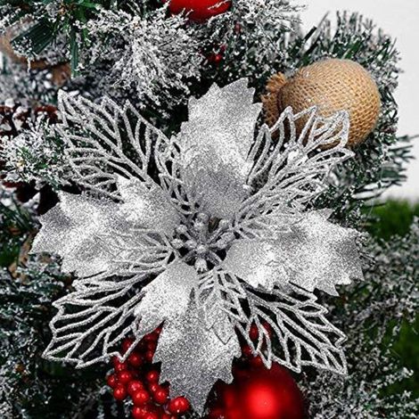 12 stelle di Natale scintillanti per albero di Natale, 16 cm di diametro, con 12 nastrini verde chiaro (argento). (1/4)