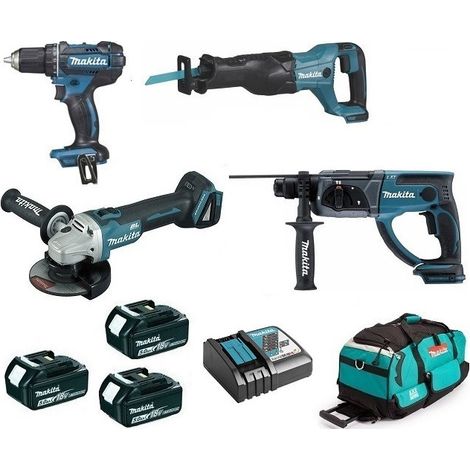 Pack Makita premium 4 machines 18V 5Ah: Perceuse DDF482 + Meuleuse DGA504 + Perforateur DHR202 + Scie