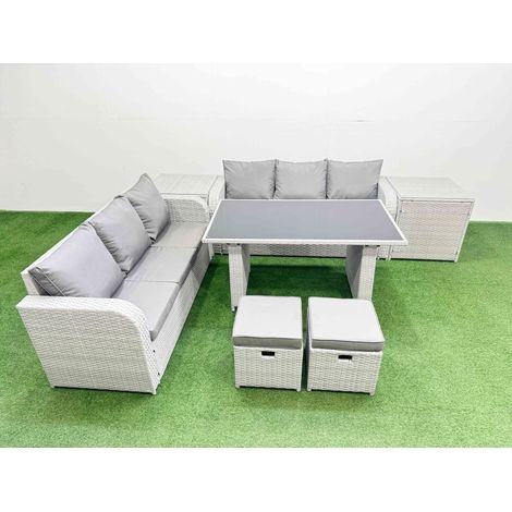 Fimous 8 Seater Rattan Outdoor Dining Table 3 Seater Sofa Set with 2 Side Tables 2 Small Stools Light Grey (1/4)