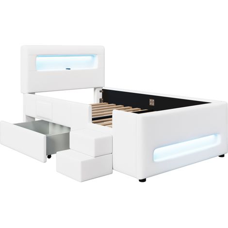 Kinderbett Einzelbett mit Schublade und Einstellbarer LED 90 x 200 cm, Weiß (1/5)