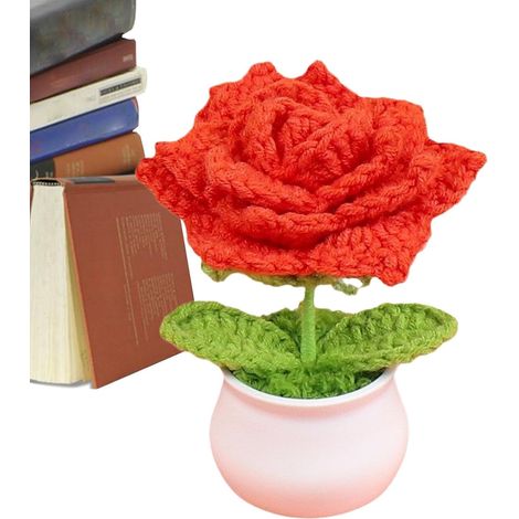 Fleurs au crochet,Fleur au crochet Fleurs tricotées à la main Roses  Fleurs de bureau, petites en pot, décoration au crochet, cadeau pour maman, femme, tableau de bord de voiture, bureau (1/5)