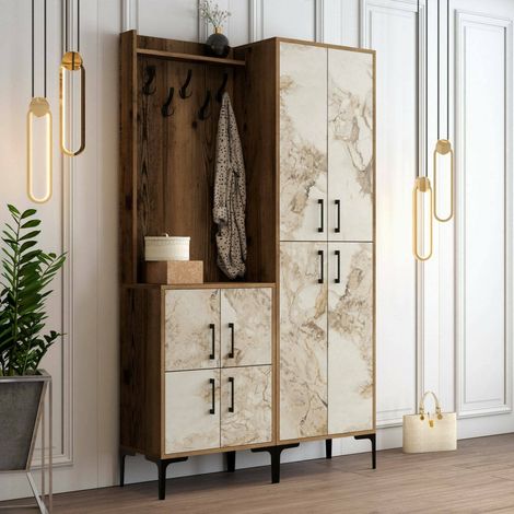 Dmora - Muebles de entrada Dgottard, Entrada para perchas, Composición para atrio, Consola de almacenamiento multifunción, 120x35h200 cm, Nogal y Mármol Blanco (1/5)