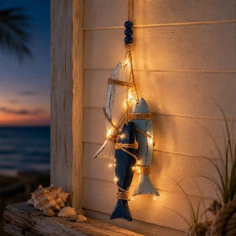 Décoration murale marine bois poissons étoiles de mer avec lumières, déco océanique pour maison plage, salle de bain, chambre, véranda (1/5)
