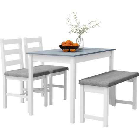 Conjunto de comedor de 4 piezas con mesa, banco y 2 sillas tapizadas en gris y blanco (1/5)