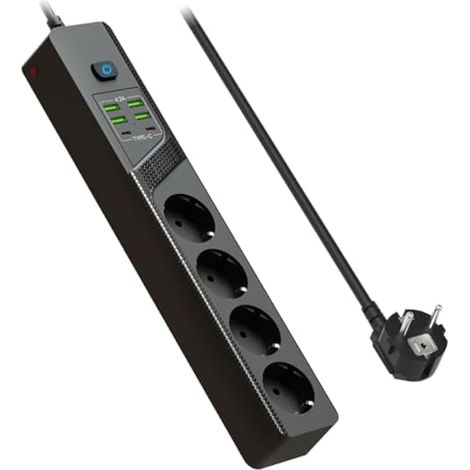 Multiprise avec USB, 4 Prises Rallonge Electrique Multiprise Plate Murale avec Interrupteur, 3000W/10A Bloc Prise Multiple avec Surtension et Cable 1.8m pour Bureau Maison Cuisine, Noir (1/5)