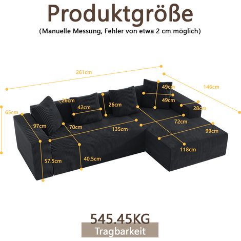 Canapé modulaire nuage sans ossature, réversible avec méridienne, assises profondes rembourrées, design moderne pour salon et chambre, tissu doux, 2 places extensible. (1/5)