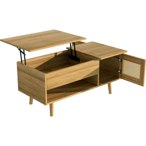 Table basse avec plateau relevable, portes en rotin imitation, bois couleur naturelle et accents noirs, rangement pratique (1/5)